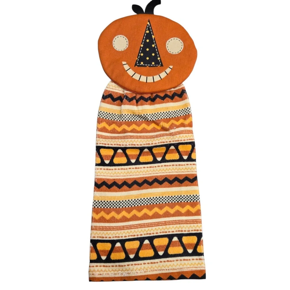 Folk Art Vintage Halloween Pumpkin Hanging Kitchen Towel Candy Corn Orange Black